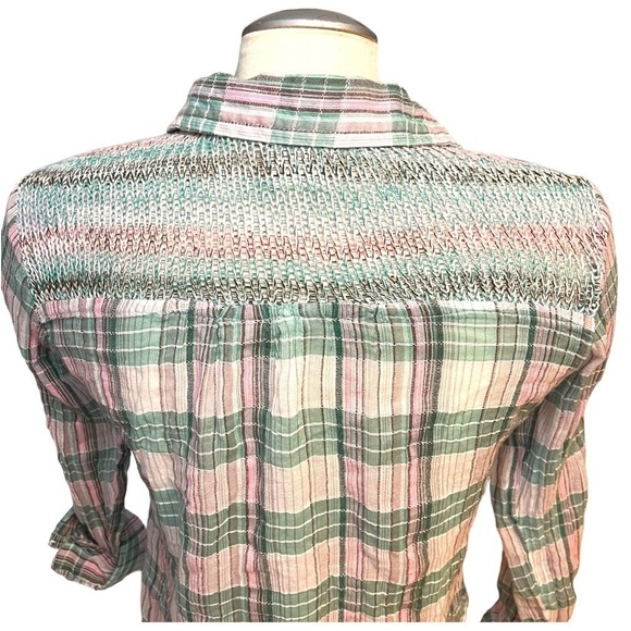 Caribbean Joe Lightweight Plaid Button Up Top with Roll Tab Sleeves - Picture 2 of 11